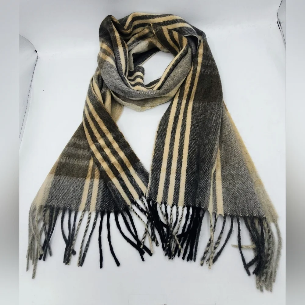 Joseph A Bank Cashmere Plaid Scarf In Cream Brown Tan Grey With Frange 70